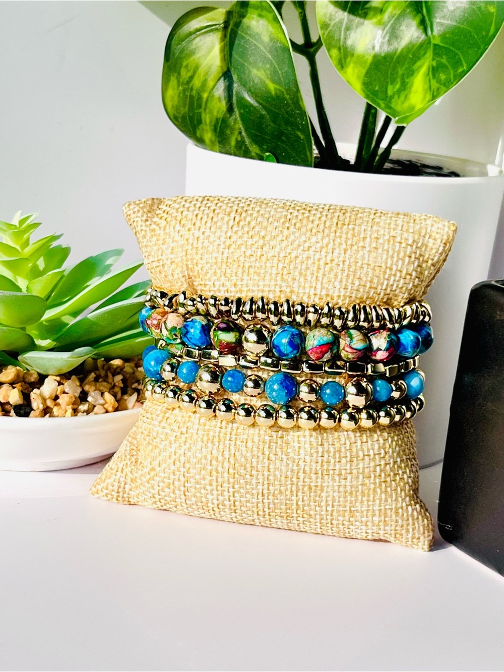 Gold & Blue Beaded Stretch Bracelet Set